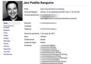 el día y la hora en que se registró, su fecha de nacimiento, relaciones anteriores, y hasta sus familiares que también están registrados en Facebook.