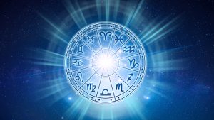 Zodiac signs inside of horoscope circle. Astrology in the sky with many stars and moons astrology and horoscopes concept