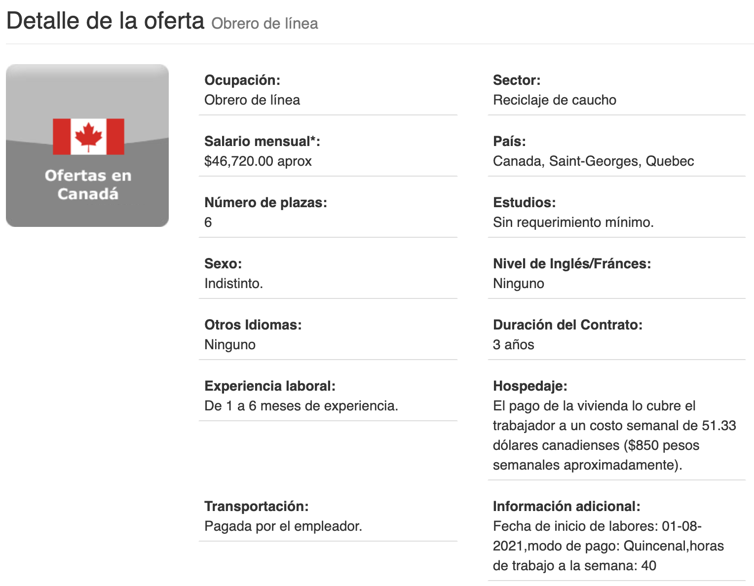 Canadá ofrece empleo con un sueldo de más de 46 mil pesos
