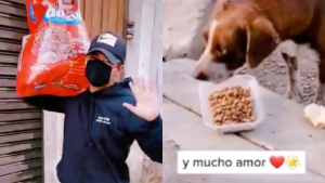 Chico compra un costal de croquetas para alimentar a los perritos de la calle