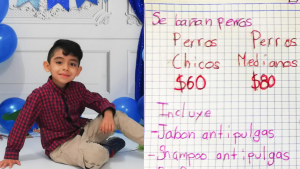 Niño de 7 años baña perritos para pagar su carrera de veterinario