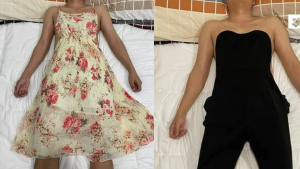Mientras su esposo duerme lo utiliza como maniquí para vender ropa
