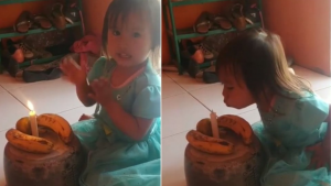 No tenían para comprar su pastel y le hacen uno de plátanos y la hace muy feliz