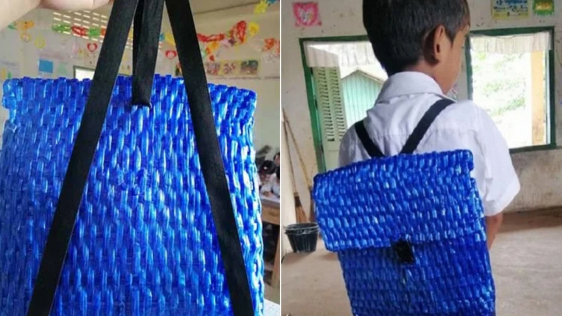 Le teje una mochila a su hijo de 5 años para que vaya a la escuela