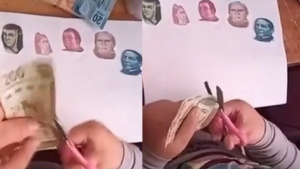 Recorta los billetes de su mamá para su tarea con personajes históricos
