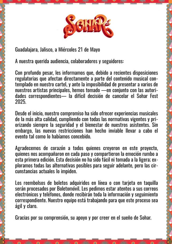 Comunicado oficial del Festival SOHAR sobre la cancelación del evento