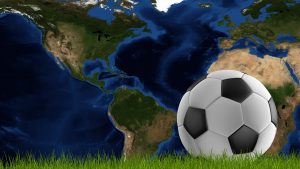 soccer ball with green lawn and world map focused on USA Canada Mexico 3d-illustration. elements of this image furnished by NASA