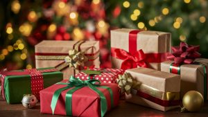 Christmas presents on rustic wooden table.