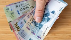 Mexico money held in hand, various pesos banknotes