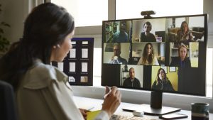 Businesswoman planning strategy on video call