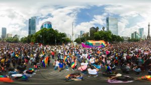 An equirectangular 360 image of the LGBTQ Pride Parade in Mexico City, Mexico
